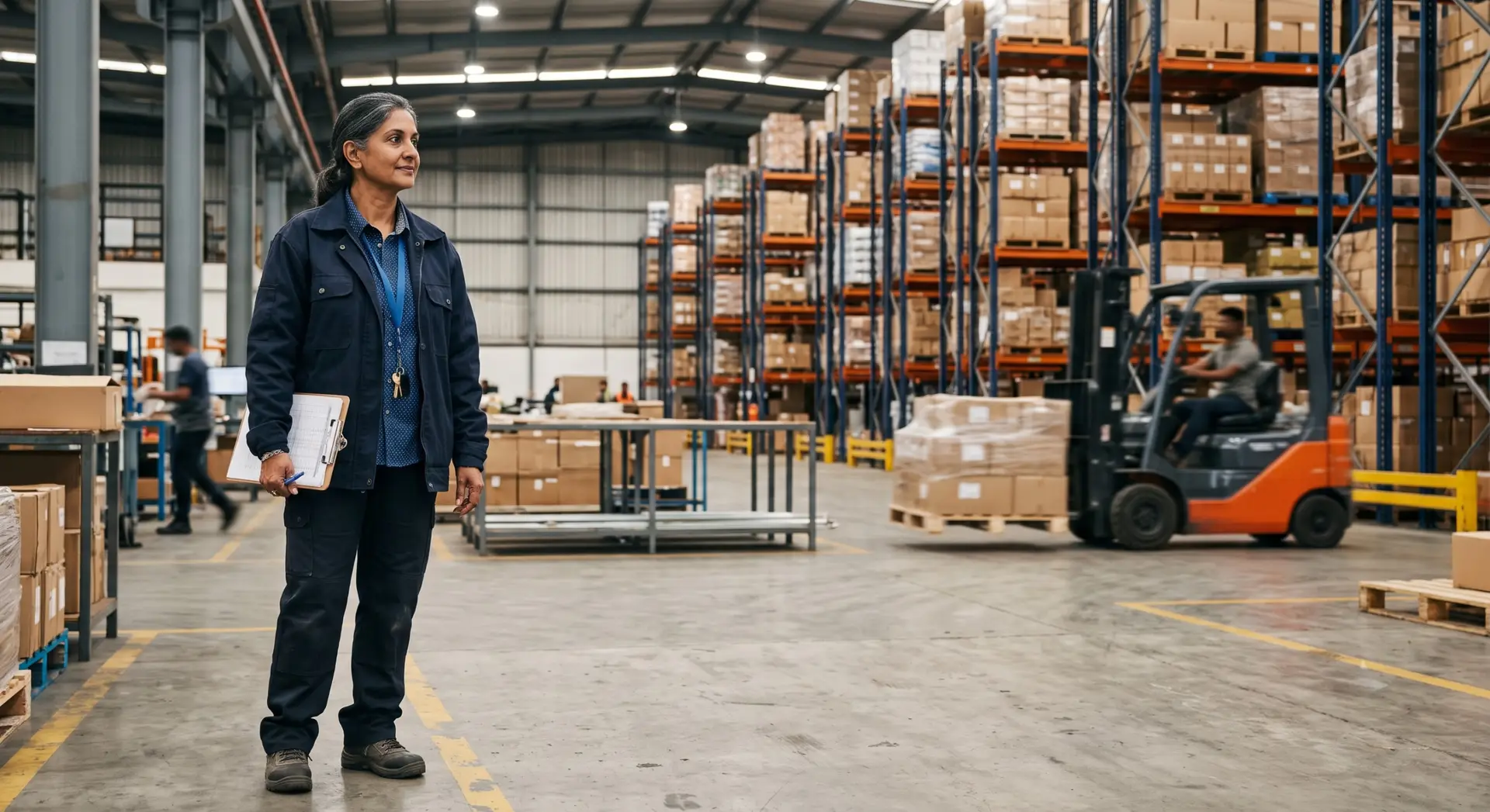 Warehouse manager holding a clipboard on the warehouse floor as a forklift moves a pallet behind her